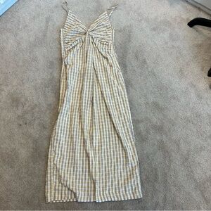 Zara yelllow gingham check plaid twist knot detail front slit midi dress size M
